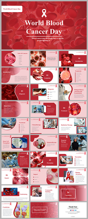 Pack of slides displaying red color scheme with white text, medical images, and awareness ribbons about blood cancer.