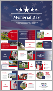 Memorial day slides with a patriotic red, white, and blue theme, covering history, traditions, and honoring fallen soldiers.