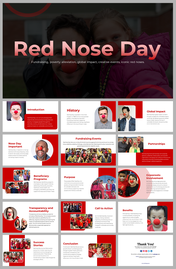 Slide deck on red nose day, displaying sections from introduction to success stories, illustrated with photos of people. 