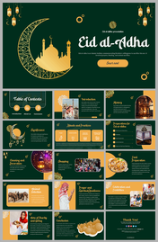 Green and gold Eid al-Adha slides featuring history, rituals, food, decorations, and charity, with Islamic imagery.