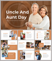 Pack of slides with family images, featuring history, celebration, and gifts for uncles and aunts, in orange accents.