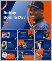 A slide deck about Bobby Bonilla day, focusing on his unique contract, payment agreement, and legacy in baseball.