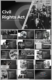 Civil rights act slide deck with black-and-white images of historic events, with sections on history, education, and more.