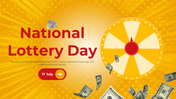 A slide deck for national lottery day featuring a spinning wheel, flying money, and an overview of the day’s celebration.