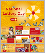 A slide deck for national lottery day featuring a spinning wheel, flying money, and an overview of the day’s celebration.