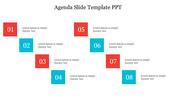 Agenda Slide Template PPT with eight numbered blocks in red and blue, each with placeholder text for content.