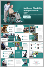 Slide pack with images of people using wheelchairs, discussing disability awareness, in teal and white accents.