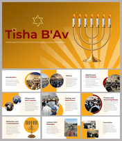 Slide deck with a golden menorah on the cover, with circular images and text in a yellow and orange color scheme.