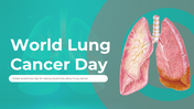 Slide deck for World Lung Cancer Day awareness, showcasing with graphics of lungs and topics with medical illustrations.