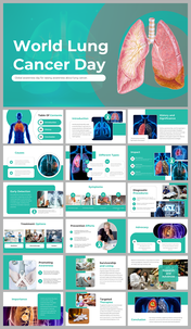 Slide deck for World Lung Cancer Day awareness, showcasing with graphics of lungs and topics with medical illustrations.