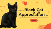 Slide deck showing images of black cats, covering history, myths, and breeds, in yellow and red themes.