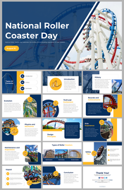 Slide deck in blue and yellow theme with circular images of roller coasters and text areas detailing history and design.