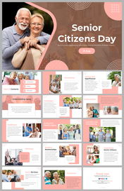 Set of slides on aging, healthcare and activities with an elderly couple images on peach colored design.