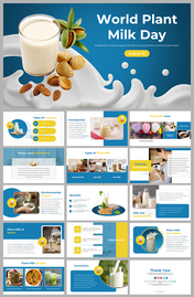 Blue and white themed slides with plant milk imagery, yellow accents, and multiple sections for different content topics.