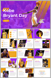 Kobe Bryant day slide deck with purple and gold design, celebrating his career, records, and lasting influence in basketball.