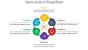 Six-segment semi-circle diagram with central star icon and various colored icons, each section labeled with captions areas.