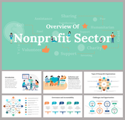 Slide pack on nonprofit sector with a green-themed cover, detailing organization types, governance, and opportunities.