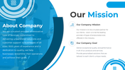 Simple company slide with a mission statement and goals section, featuring text on a blue background.