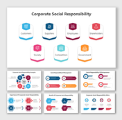 A corporate social responsibility slides showcasing seven key stakeholders with different colored layout designs and icons.