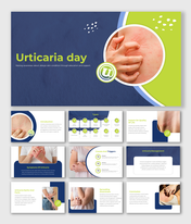 Slide pack for Urticaria day, featuring images of skin conditions and various informative sections in green and blue layouts.