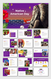 Native american day slides highlighting various related topics and images with text descriptions.