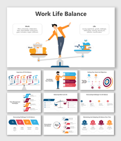 A pack of work life balance slides with various colorful design layouts with text descriptions and icons.