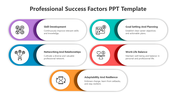 Colorful template with six labeled sections, each featuring an icon for different professional success factors.