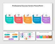 Colorful infographic on professional success factors with icons and descriptions from skills to resilience.