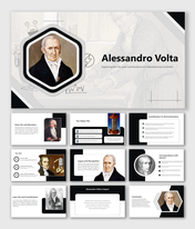 Slide deck of Alessandro Volta framed, with text that highlights his life and revolutionary contributions as a scientist.