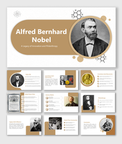 Alfred nobel slides featuring a portrait of Alfred Nobel alongside key details about his life and legacy.