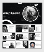 Albert Einstein slide deck with black and white images, highlighting his life, education, and scientific contributions.