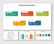 Slide featuring organizational values with boxes in different colors including icons and placeholder text boxes.