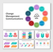 Change management communication slides highlighting key principles with various colorful design layouts and icons with text.