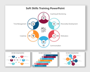 Slides with circular diagrams, step charts, and colorful icons, covering soft skills like time management and communication.