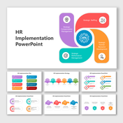 Human resources infographic slide deck with a central gear icon, surrounded by four labeled areas for HR strategy.