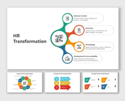 HR transformation slides showcasing the key elements with icons and different layout designs.