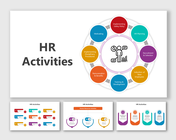 Slide pack with circular and flowchart designs in vibrant colors, illustrating various HR activities and processes.