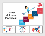 Career guidance slides showing different colorful layouts and steps labeled with various career stages and captions.