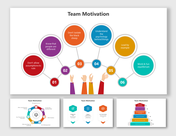 Slide pack with colorful bubbles, circular flow, hexagonal charts, and a pyramid model showing team motivation concepts.