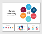 Career coaching slide deck displaying a vibrant flower shaped infographic on the cover and supporting informative layouts.