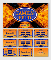 Family Feud game slide deck with vibrant orange and blue theme, featuring game rounds, multiple choice questions, etc,..