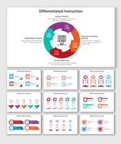 Pack of slides with diverse layouts, including a circular diagram with icons and text boxes in vibrant colors.