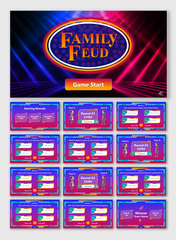 Family Feud PowerPoint slides with vibrant colors, game rounds, questions, and team score sections.