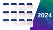 2024 printable calendar slide with monthly views in a grid format for 12 months, featuring a colorful background.