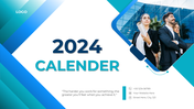 A slide deck of  2024 calendar template showcasing a blue theme with monthly layouts, with  professional images on each.