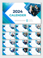 A slide deck of  2024 calendar template showcasing a blue theme with monthly layouts, with  professional images on each.