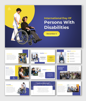 Slide pack with blue and yellow theme, featuring images of people with disabilities, text sections, and icons.