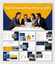 Slides showing top ten consulting firms in the USA with company overviews and office images, with blue and yellow accents.