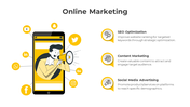 Online marketing slide featuring a character with a megaphone emerging from a smartphone, surrounded by social media icons.