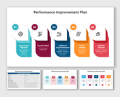 A pack of Performance Improvement Plan slides featuring five key components with different colorful layout designs and icons.